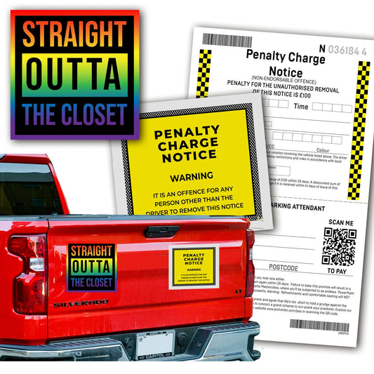 Straight Outta The Closet Magnetic Bumper Sticker Bundle Prank - Includes Prank Parking Ticket