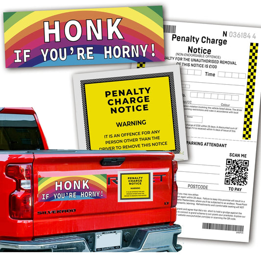 Honk If You're Horny! Magnetic Bumper Sticker Bundle Prank - Includes Prank Parking Ticket