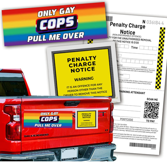 Only Gay Cops Pull Me Over Magnetic Bumper Sticker Bundle Prank - Includes Prank Parking Ticket